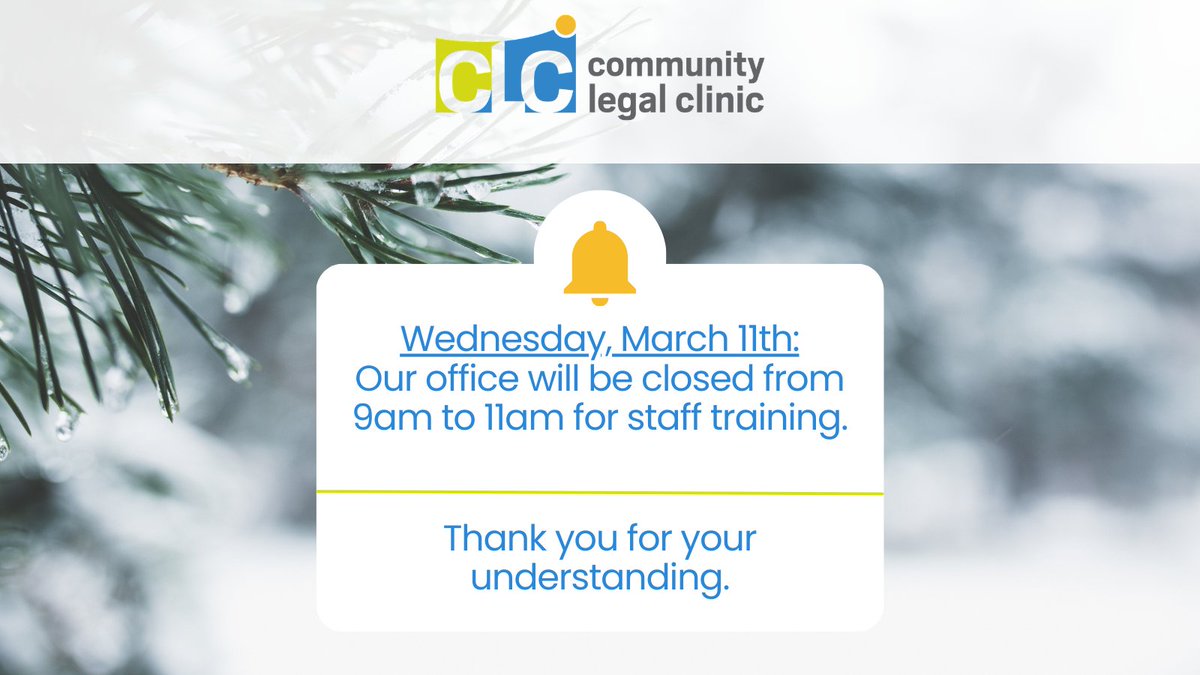 MedHatLegal's tweet photo. Friendly notice that we will be closed from 9am to 11am on March 11th for staff training. Thank you for your understanding. https://t.co/W2m8lky8sr