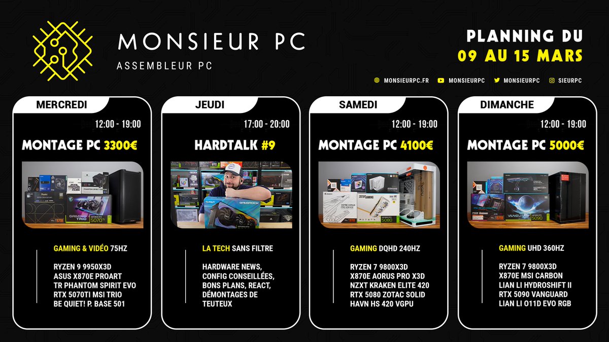 Semaine de ZINZIN 🔥🔥🔥

Mercredi, gros plaisir avec une X870E Asus ProArt 😎

Retour du Havn HS420 blanc qui nous avait tant impressionné, thème full blanc avec de la Zotac !

Dimanche, triple épisode de Walker Texar Ranger !

🔗twitch.tv/sieurpc