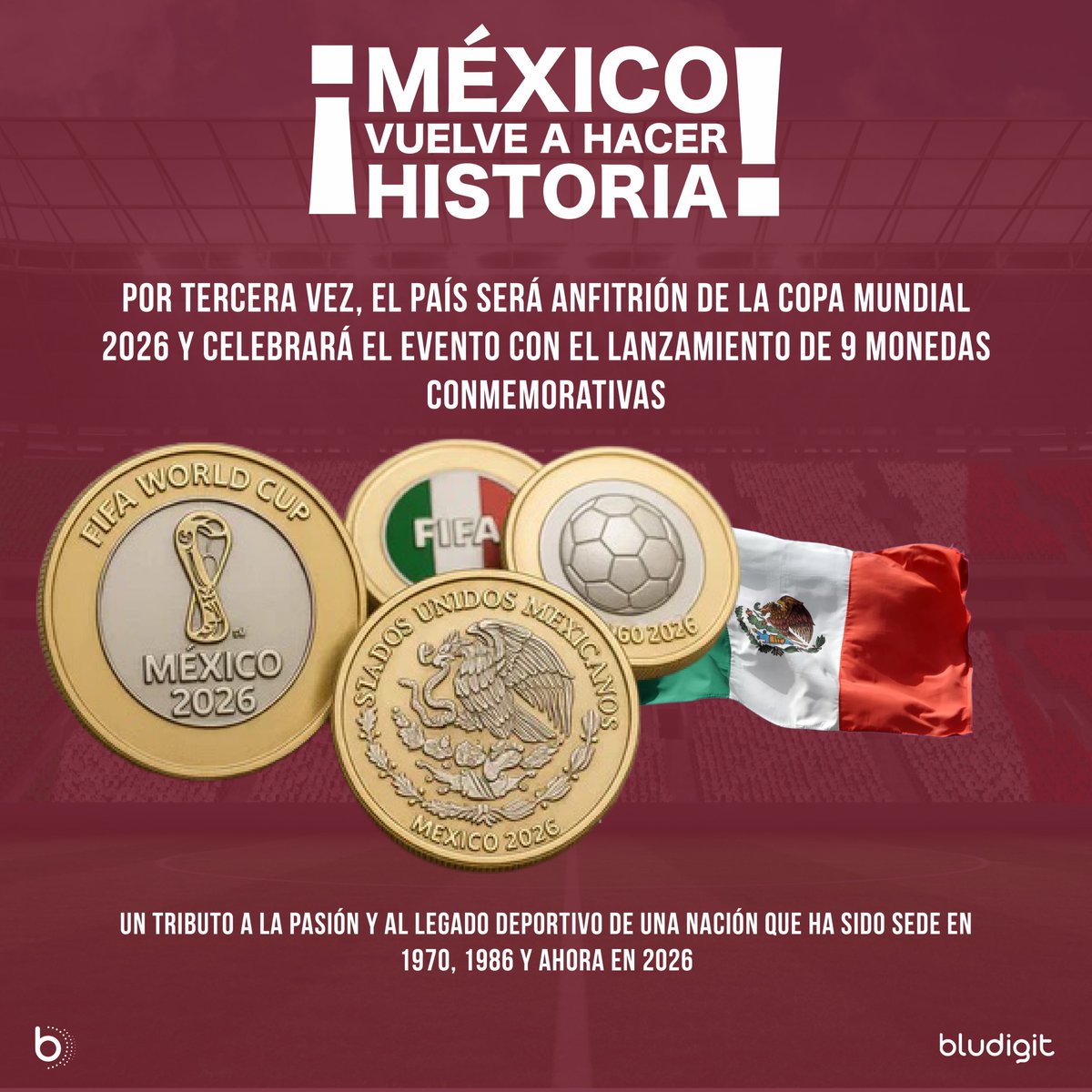 BluDigit's tweet photo. México vuelve a hacer historia. Por tercera vez, el país será anfitrión de la Copa Mundial 2026 y celebrará el evento con el lanzamiento de 9 monedas conmemorativas:

• 3 de 10 pesos (bimetálicas)

• 3 de 20 pesos (plata)

• 3 de 25 pesos (oro)

#BluDigit #Mundial2026 #México https://t.co/Os5sf5RKzM
