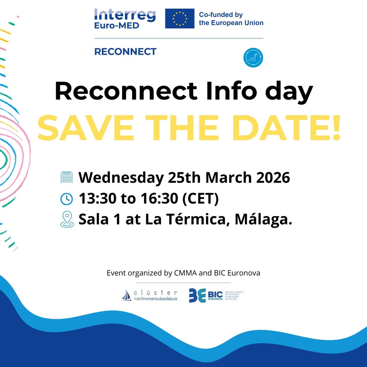 BicEuronova's tweet photo. RECONNECT INFO DAY🌊 Próximo evento de Economía Azul

📅25 marzo 13:30h en La Térmica, Málaga
Organizado por @BicEuronova  y  @ClusterMMA   como socios locales del proyecto europeo @RECONNECT_MED  🌍

📌Registro gratuito 👉https://t.co/ZBULMxfrYQ
#InterregEuroMED #INTERREG https://t.co/eiTjeiFc5b