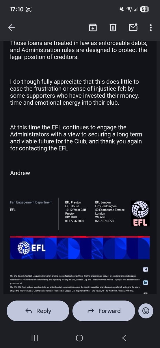 reply i got from the EFL about the -15  points deduction just looking after bad owners it's time all football fans stick together as one EFL don't look after clubs they a massive problem and don't help its alway unfair on the fans but the <a href="/EFL/">EFL</a> are more bothered about money #Swfc