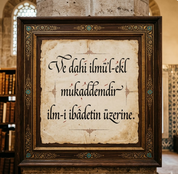 tariharsivi's tweet photo. Eski fıkıh kitaplarında sık sık tekrarlanan bir ifade. 
Yeme içme ilmini öğrenmek ibadet bilgilerini öğrenmekten önce gelir. Zira yediği içtiği haram olan kişinin hiçbir ameli kabul olmaz.
"Ve dahi ilmü'l-ekl mukaddemdir ilm-i ibâdetin üzerine." https://t.co/0Xyx4vMWo5