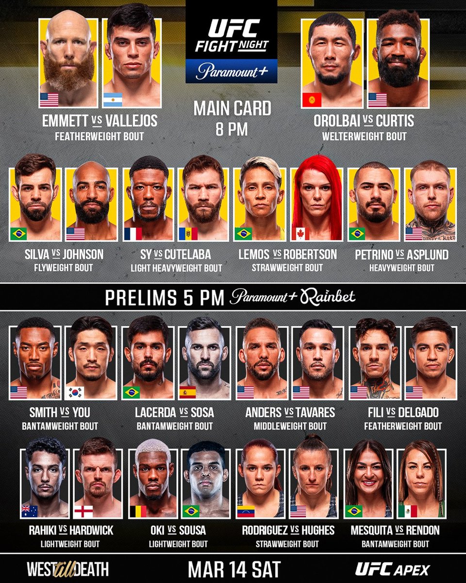 bryan_lininger's tweet photo. Yo this weekend's UFC Fight Night March 14 is loaded af — Apex gonna be fireworks. Main event Josh Emmett vs Kevin Vallejos featherweight banger. Vallejos undefeated-ish beast, Emmett the vet with bombs. Who you got in this one? 😤 https://t.co/TJHNJ2rAaE