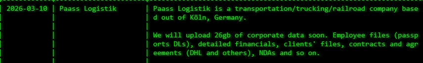 FalconFeedsio's tweet photo. 🚨 Ransomware Alert : 🇩🇪

PAASS Logistik GmbH (https://t.co/96YXe5Tvba), an Germany-based Transportation & Logistics organization, has reportedly fallen victim to the akira ransomware group.

🔎 Key Details:
🗓 Reported on: 10/03/2026
🛡️ Threat actor: akira 
💾 Data compromised: 26 GB
