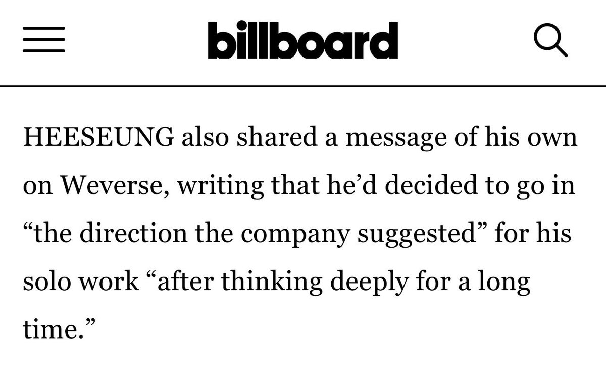 Enhagyy's tweet photo. Even billboard had to highlight this part 

“the direction the company suggested” for his solo work “after thinking deeply for a long time.” 

FCK YOU BELIFT 💔 https://t.co/R3bvJuMmM7