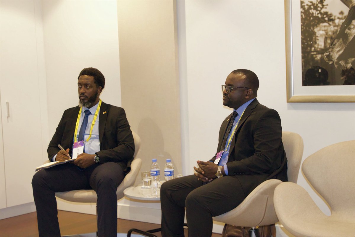 RwandaICT's tweet photo. On the sidelines of #IFF2026, Minister of State @yves_Iradukunda held a bilateral meeting with Mr. Zach Munyi, Director of Government Affairs at Visa, and Mr. Victor Makere, Visa Country Manager overseeing operations in Tanzania, Uganda, Burundi and Rwanda, to discuss collaboration in Rwanda’s financial ecosystem.