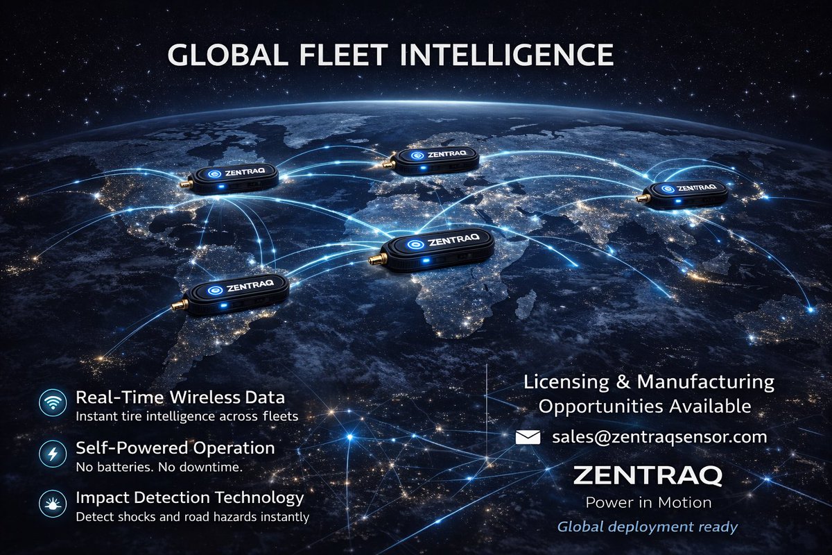ZentraqSensor's tweet photo. Zentraq is designed for a connected world—bringing real-time tire intelligence to fleets across continents.

From local operations to global logistics networks, Zentraq sensors deliver critical performance data exactly where it’s needed.

Key capabilities:

• Real-Time Wireless Data – Instant tire intelligence across fleets
• Self-Powered Operation – No batteries. No downtime.
• Impact Detection Technology – Detect shocks and road hazards instantly

Zentraq is built for global deployment, helping fleets improve safety, efficiency, and operational awareness.

📩 Licensing & manufacturing opportunities available:
sales@zentraqsensor.com

ZENTRAQ
Power in Motion

#Zentraq #FleetTechnology #SmartMobility #AutomotiveInnovation #LogisticsTech #ConnectedFleet #GlobalTechnology