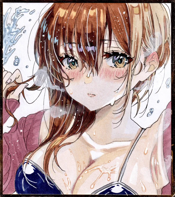 きらめく水と艷めく肌 水着カーディガン女の子 手描きイラスト オリジナルイラスト 色紙