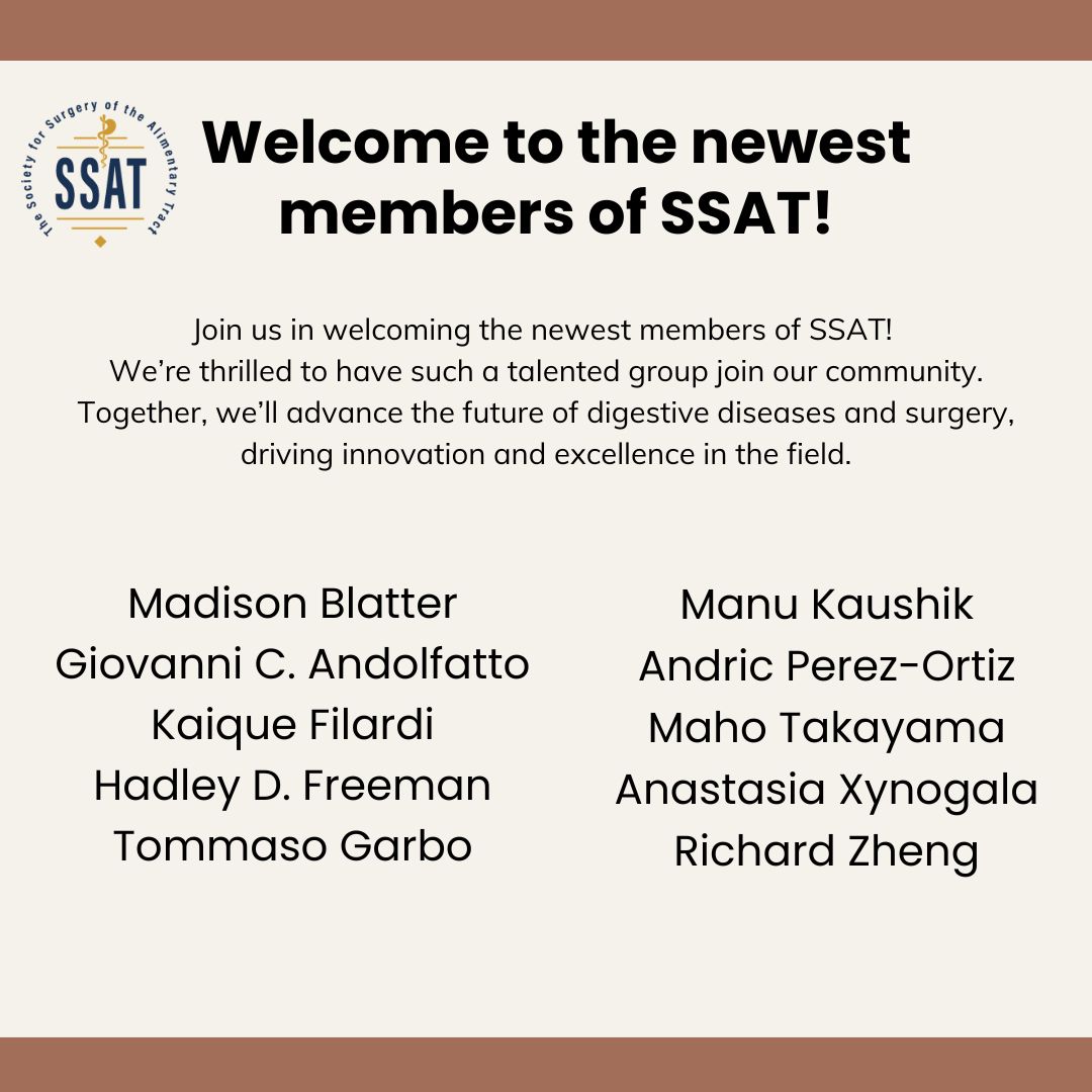 SSATNews's tweet photo. Join us in welcoming the newest members of SSAT! Together, we’ll advance the future of digestive diseases &amp; surgery, driving innovation &amp; excellence in the field. 

@FilardiKaique
@manukaushik88

Become a member: https://t.co/twXnlChgAj

#GIResearch #FutureOfSurgery https://t.co/2JjTvcWVPZ
