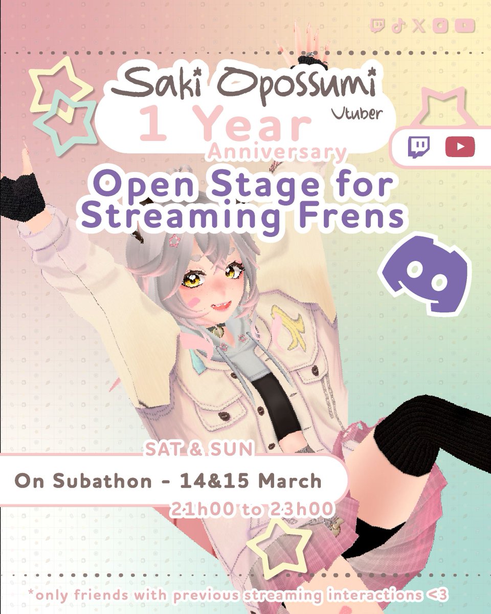 SakiOpossumi's tweet photo. What would be a special stream without ✨ FRENS✨ !?
Come between 21h00 and 23h00 to catch some amazing streamers <3
#Subathon #SubathonLive #SubathonStream https://t.co/90SJukPU1z