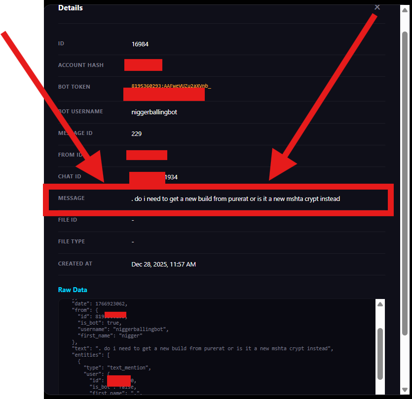 0x6rss's tweet photo. I love #matkap
just a little while ago, while reviewing matkap logs, I came across compromised malware logs belonging to a malware strain labeled as "PureRAT."
threat actors had added the telegram bot they were using as a command-and-control address as an admin to their own private chat group. Because of that, all group messages ended up flowing into the matkap system. It was quite enjoyable to read through all of the threat actors' conversations from the stealer development phase.
the moment that stood out most was when the threat actor realized their payload had been detected by windows defender and completely lost it:
"wtf" "it got detected" "how" "the fuck"
four separate messages, sent one after another within the same minute 😅