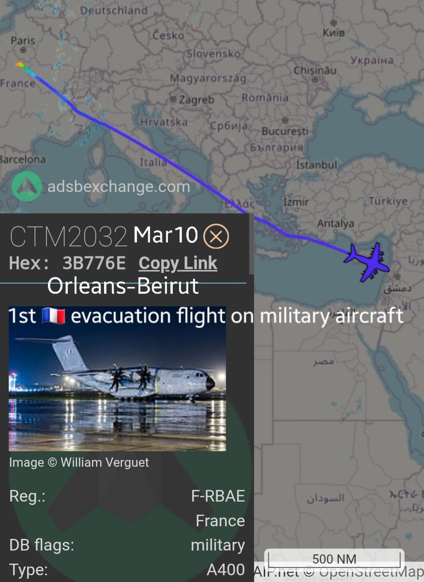 LebanonJets's tweet photo. Departure as airstrikes continue #France AirForce A400M #FRBAE #3B776F that arrived into Beirut from Orleans/Bricy as #CTM2032 last A400 was on Feb7. As of Feb1 636 French troops in Lebanon serve #UNIFIL
@CotamFleet @FrenchTrackers https://t.co/h5kCJWOJvS