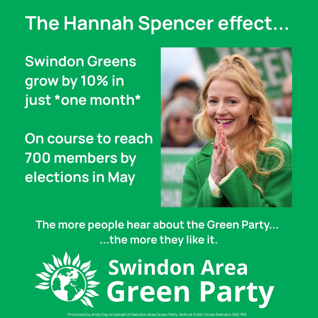 SwindonGreens's tweet photo. In February we announced reaching a record 500 members. In just one month since then, more than 60 new people have joined us.
The more people that hear our positive message, the more that number will keep going up.
#GreenSurge #GreenMenace https://t.co/slOKNWTUBx