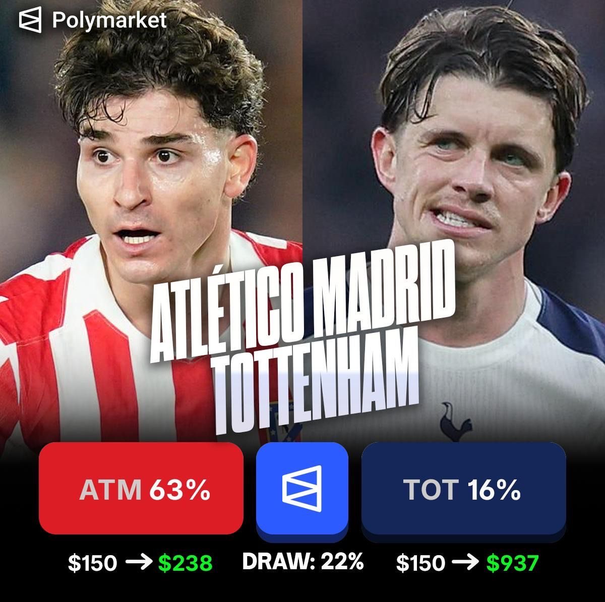 DeadlineDayLive's tweet photo. 🚨 𝗔𝘁𝗹𝗲𝘁𝗶𝗰𝗼 𝗠𝗮𝗱𝗿𝗶𝗱 𝘃 𝗧𝗼𝘁𝘁𝗲𝗻𝗵𝗮𝗺

Spurs only have a 16% chance of winning away in Madrid tonight, and even that seems high. 😅

Who are you backing? 🤔 https://t.co/Xps48tdYQD