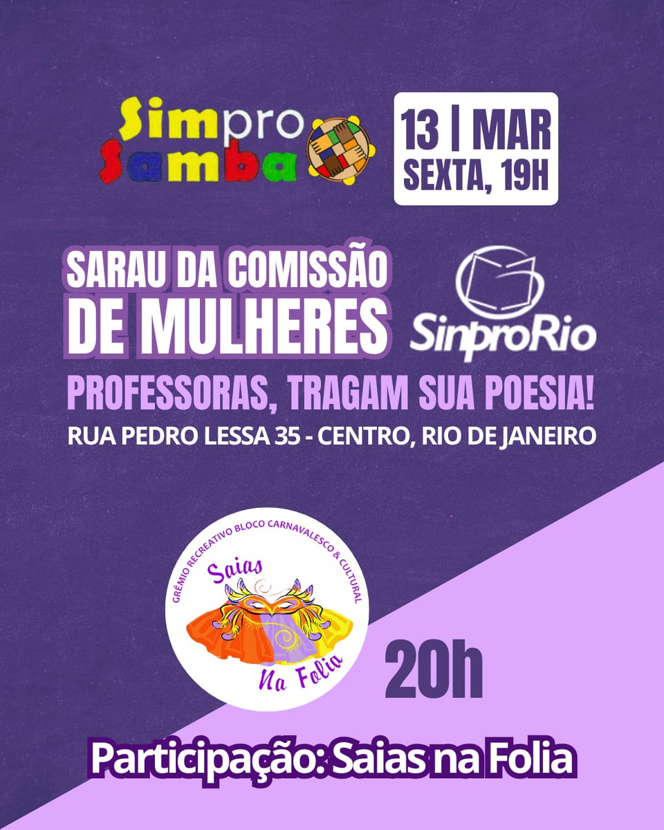 Sarau da Comissão de Mulheres no Sim Pro Samba - 13 de Março

facebook.com/share/p/1AFQMq…