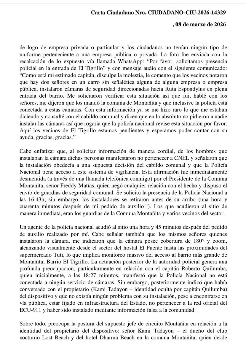 Adivina, adivinador... 

Quien, desde HOY, es el nuevo jefe del CIRCUITO POLICIAL DE MONTAÑITA? 

Siiiiiii, correcto - el mismo, denunciado por mi por presunta omisión y encubrimiento de la instalación y permanencia de la cámara de seguridad del dueño de Lost y Hotel Dharma en