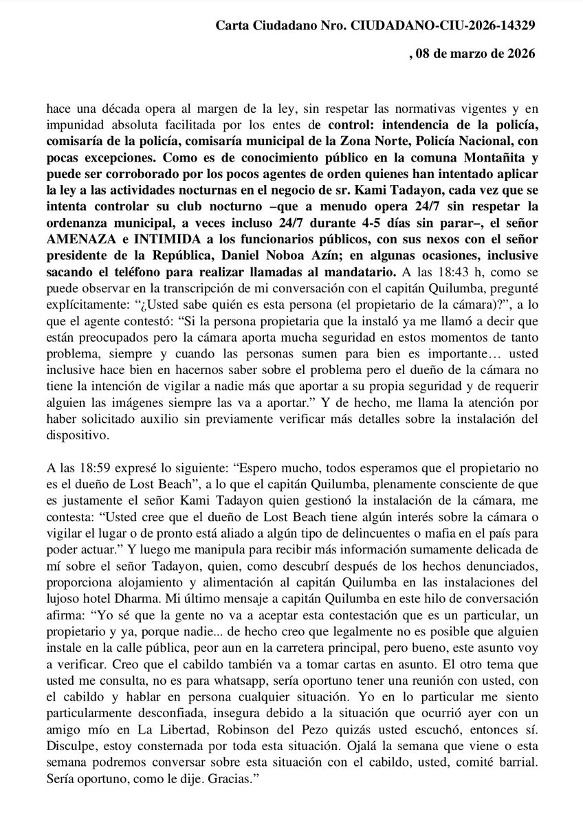 mejoresdiasEC's tweet photo. Adivina, adivinador... 

Quien, desde HOY, es el nuevo jefe del CIRCUITO POLICIAL DE MONTAÑITA? 

Siiiiiii, correcto - el mismo, denunciado por mi por presunta omisión y encubrimiento de la instalación y permanencia de la cámara de seguridad del dueño de Lost y Hotel Dharma en plena entrada de mi barrio, un día después del ASESINATO de mi compañero de la lucha anticorrupción @pezo_eddie - capitán Roberto Quilumba. 

Adivina, adivinador... donde duerme y come capitán Quilumba, quien durante meses falsamente se presentaba como jefe del circuito #Montañita aunque el jefe REAL hasta HOY, era el digno agente de @PoliciaEcuador, Mayor Álvarez? 

Siiiiiii, correcto! En Hotel Dharma Beach - todo gratis, todo incluido y TODO BIEN - personalmente expuse esta turbia situación ante los supervisores del capitán Quilumba, con el al lado orgullosamente afirmando lo manifestado por mi con un comentario adicional: "no es ilegal que yo uso las instalaciones de hotel Dharma" y .... no pasa nada. 

Desde hoy la seguridad de los moradores de Montañita está en las manos del mismo "defensor" del sr Kami Tadayon. 

Como bien decía nuestro querido #RobinsonDelPezo... 
"mejor llevesenos, Papito Lindo"... 🙄 - METAFÓRICAMENTE HABLANDO! 

Mejor me voy YO.

#CiaoMontañita #Inseguridad
#Sicariato #JusticiaParaRobinson