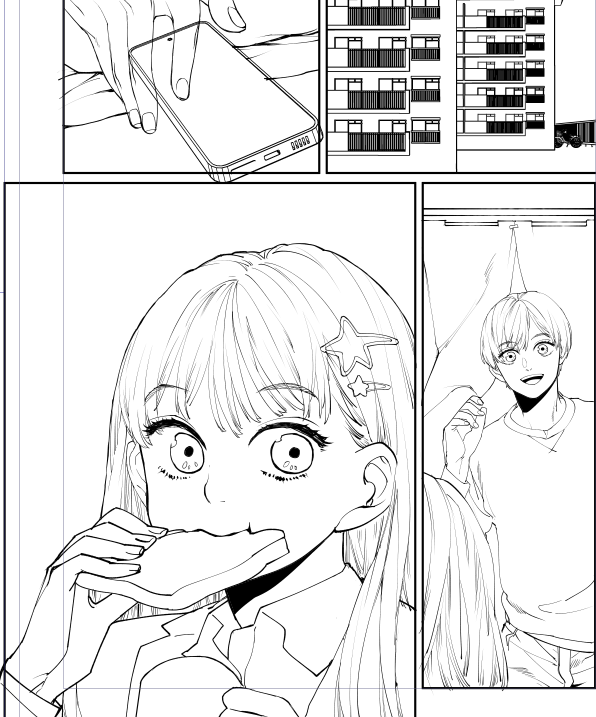 10話、進んではいるんですけどほんのちょっとづつしか進まないんですよ…今日はこのページの髪の毛のペン入れだけ、とか 