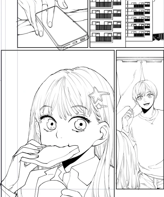 10話、進んではいるんですけどほんのちょっとづつしか進まないんですよ…今日はこのページの髪の毛のペン入れだけ、とか 