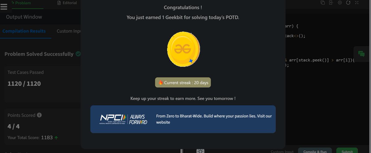 NavagyaSingh's tweet photo. Day 20 of #geekstreak60 #npci #womenintech #TechInnovation #geekstreak2026 #geeksforgeeks #CodingJourney #DSA
@geeksforgeeks https://t.co/PpsjdaPWnK