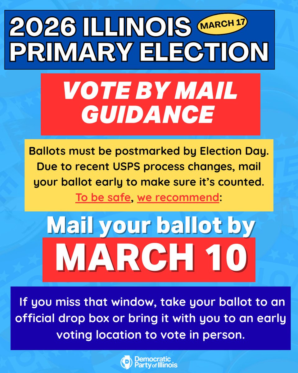 illinoisdems's tweet photo. 🚨HAVE YOU MAILED BACK YOUR BALLOT YET?🚨

📬We recommend mailing your ballot by 5PM TODAY to ensure it is postmarked in time for Election Day.

📦If you miss that window, use an official drop box or bring your ballot to an early voting location and vote in person.

Find everything you need at https://t.co/IhhH6RJ2XH