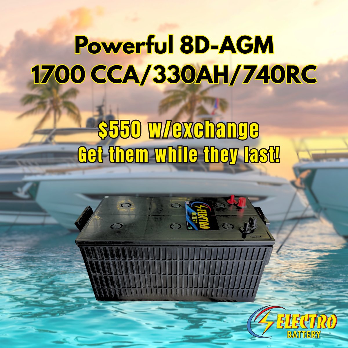 Electrobattery's tweet photo. Power up your adventures with our top-rated 8D-AGM Battery! Experience unparalleled performance for your yacht or heavy equipment, boasting 1700 CCA, 330 AH, and 740 minutes reserve. Backed by a 1-year warranty, seize the opportunity while supplies last. #electrobatteryincstpete https://t.co/DIvIoiv5q7