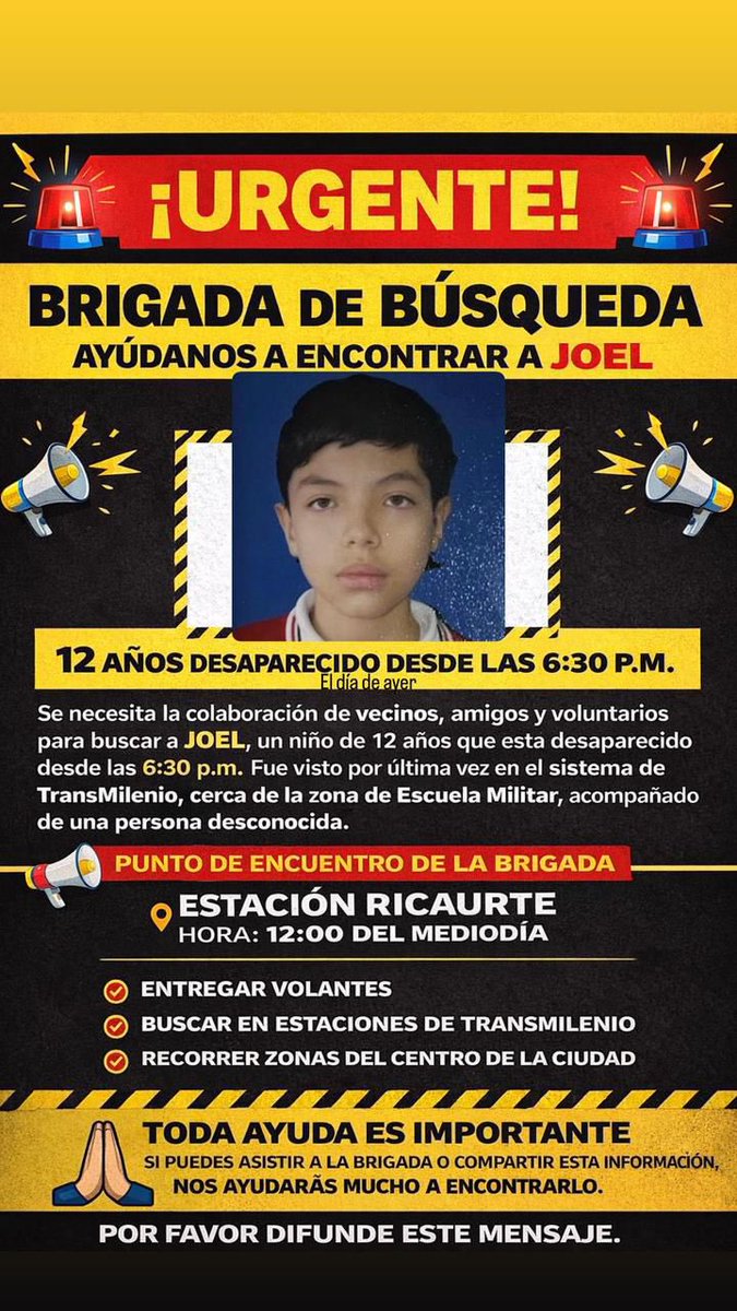 heidy_up's tweet photo. #Atención |  Se busca a Joel, niño de 12 años desaparecido desde ayer a las 6:30 p.m. Fue visto por última vez en @TransMilenio, cerca a Escuela Militar, acompañado de una persona desconocida.

¡Máxima difusión! https://t.co/NgzKaOZyG6