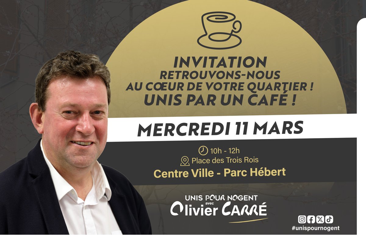 OlivierCARRE26's tweet photo. Retrouvez Olivier CARRÉ, et la liste Unis Pour Nogent, demain de 10h à 12h, sur la Place des Trois Rois, Unis par un Café.

#UnisPourNogent #Rencontre #Quartier #Cafe #NogentSurOise https://t.co/onqEhJGM5M