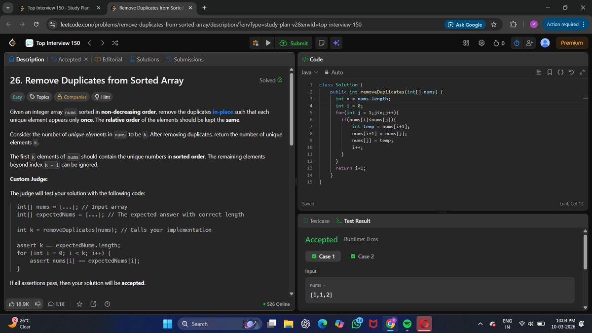 Prathamesh1697's tweet photo. 📆 Day 3/30 of #30DaysofDSA 
Streak : 3/30 
Problem : Remove Duplicate From Sorted Array (LC #26)
🧠problem: we have to remove duplicate elements from Sorted array and return number of unique elements.
Time Complexity -O(n) Space complexity - O(1)
#DSA #challenge #Leetcode  #Java https://t.co/Wy8yjmG0Bm