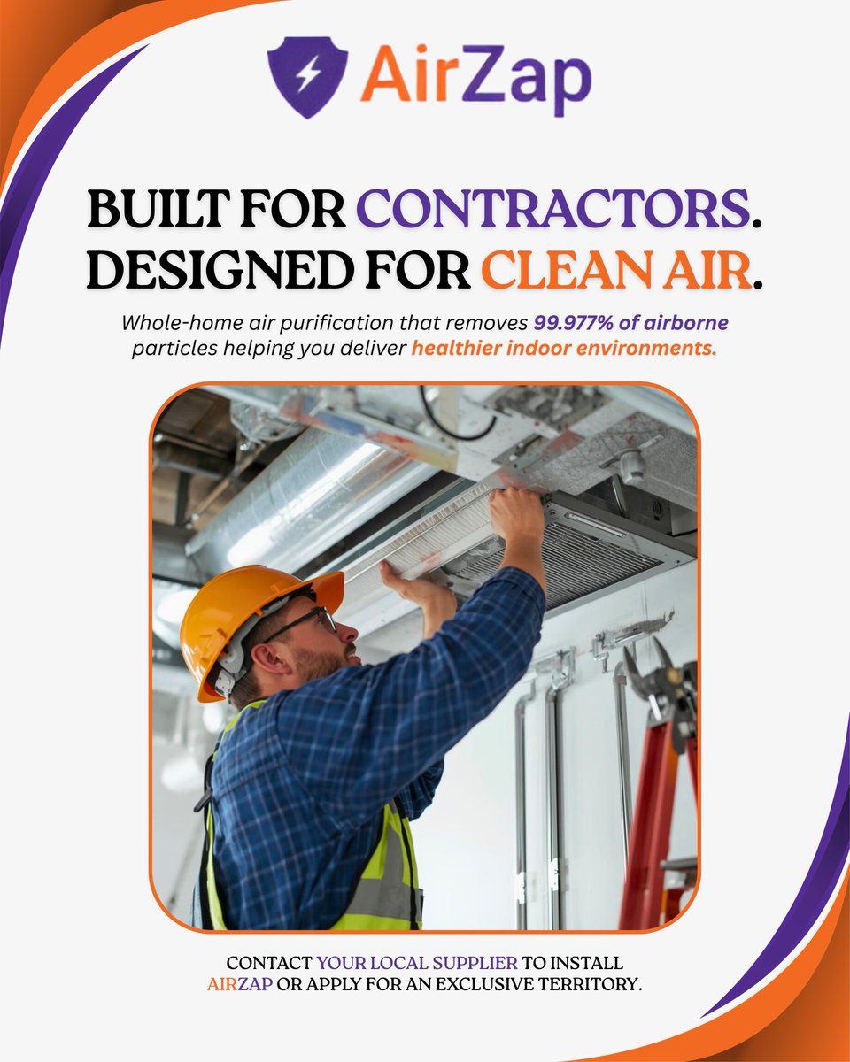 Airzapp's tweet photo. Built for contractors. Designed for clean air.

AirZap removes 99.977% of airborne particles to help deliver healthier indoor environments.

Install today or apply for an exclusive territory.

#HVAC #IndoorAirQuality #AirPurification #AirZap https://t.co/Bq1vxNs6LS