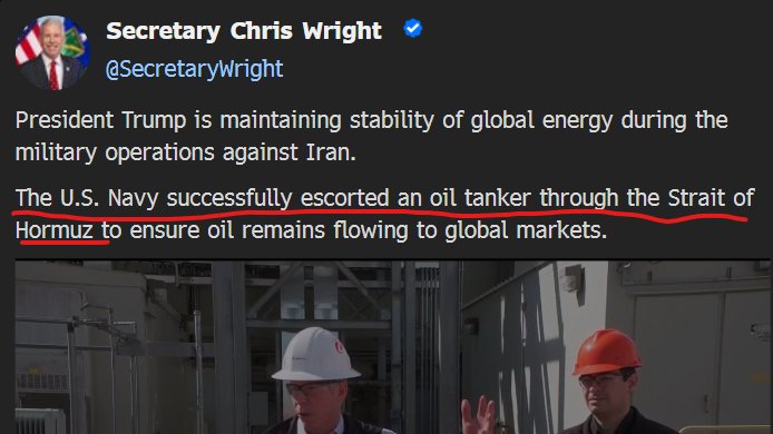 I deleted a previous post quoting <a href="/SecretaryWright/">Secretary Chris Wright</a> saying that the US Navy had escorted an oil tanker via Strait of Hormuz as he (or his staff) has since **deleted** the original the post. 

The original (now **deleted**) post is below: