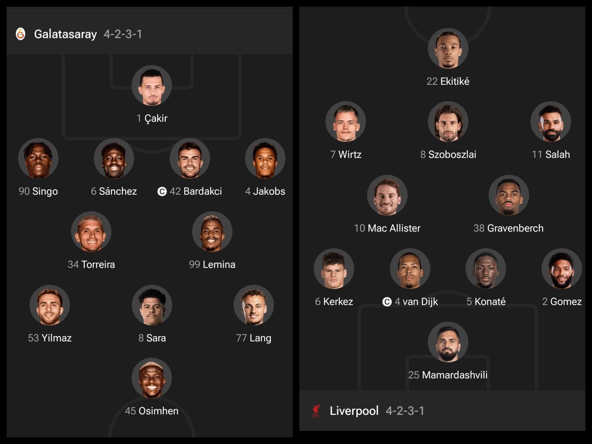 fran_navarr0's tweet photo. 11 Galatasaray vs Liverpool
⏰18'45
📺Liga Campeones 2

📌 Ojo con la dupla Osimhen y Noa Lang
📌 Sané y Gundogan banquillo

📌 Arne Slot con Ekitike de 9 (Isak lesionado)
📌 Wirtz llega en buen momento al fin
📌 Szoboszlai mediapunta hoy https://t.co/yQpWDzonEK