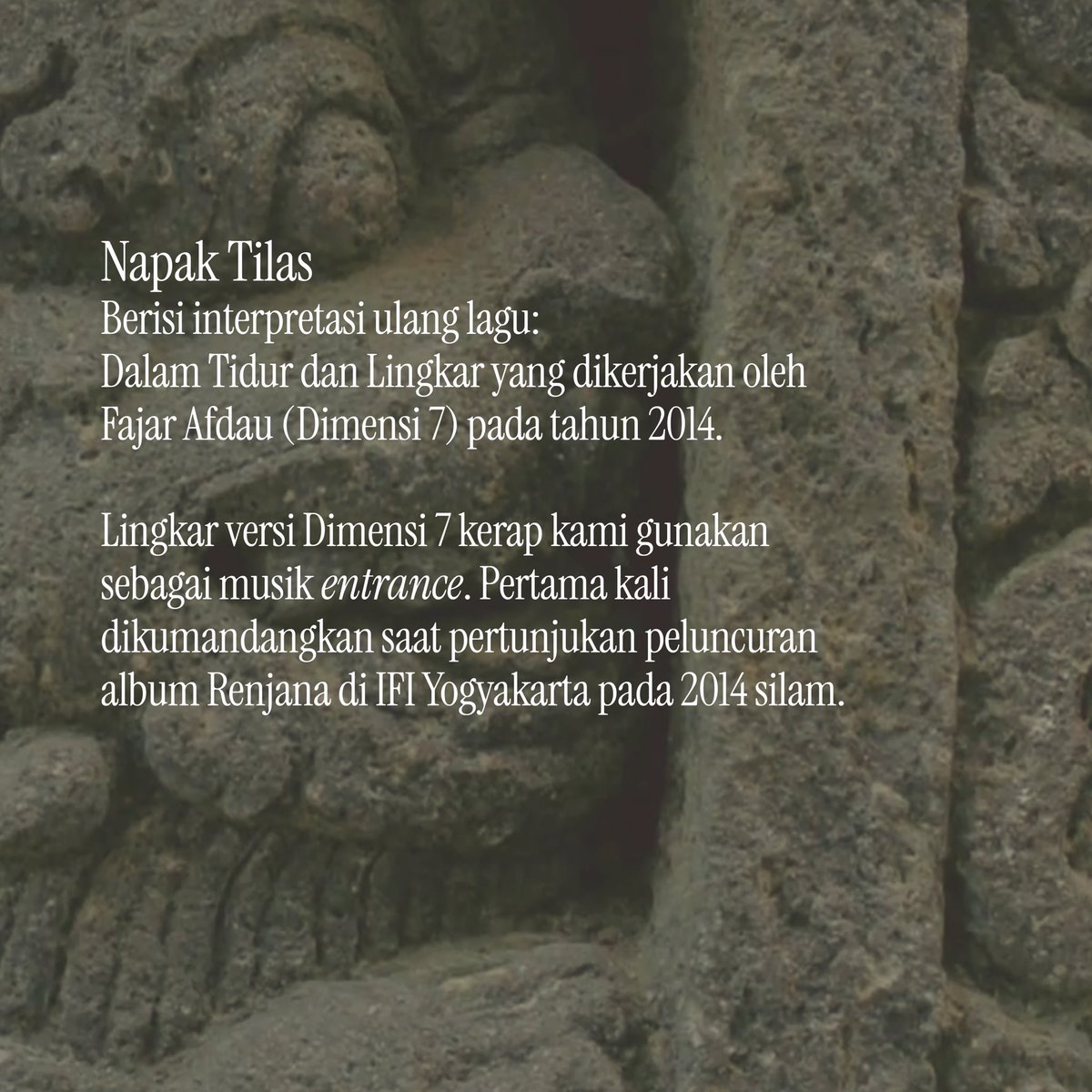 rabumusik's tweet photo. RABU x DIMENSI 7 - NAPAK TILAS
OUT NOW

Berisi interpretasi ulang lagu “Dalam Tidur” dan “Lingkar” dari album Renjana.
Menghasilkan dua buah track ambient yang epic.
Semua materi di album ini diproduseri oleh DIMENSI 7.

Selamat menembus ruang dan waktu! https://t.co/bJrNQsLTgK
