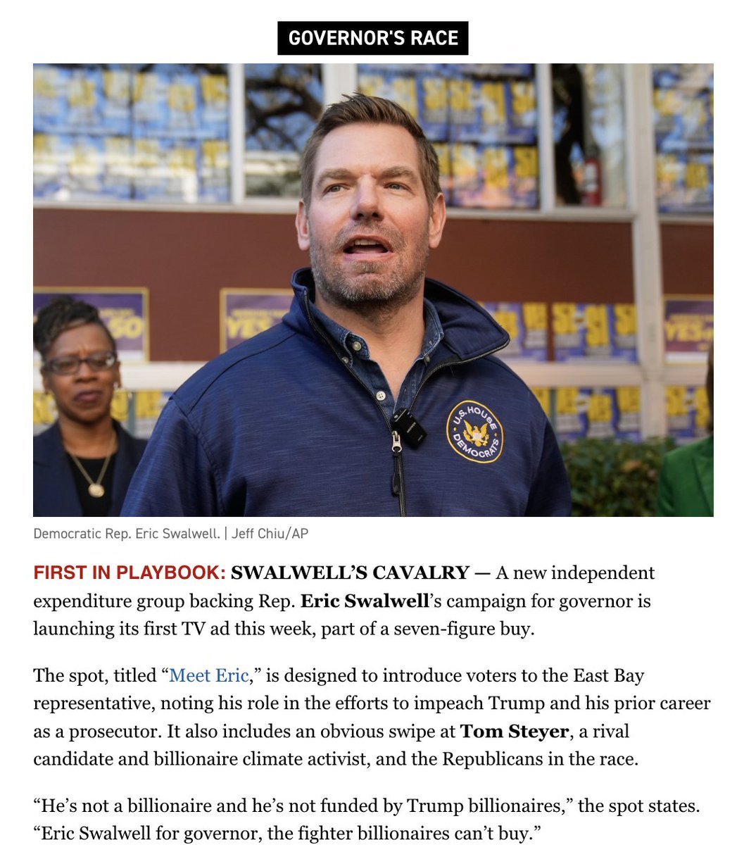 dustingardiner's tweet photo. First in CA Playbook: A new pro-Swalwell IE is up with its first seven-figure TV buy. Its donors include the California Medical Association, Global Medical Response, California Professional Firefighters and California New Car Dealers Association

More: https://t.co/w420kVViUA https://t.co/POeC8rk0qM