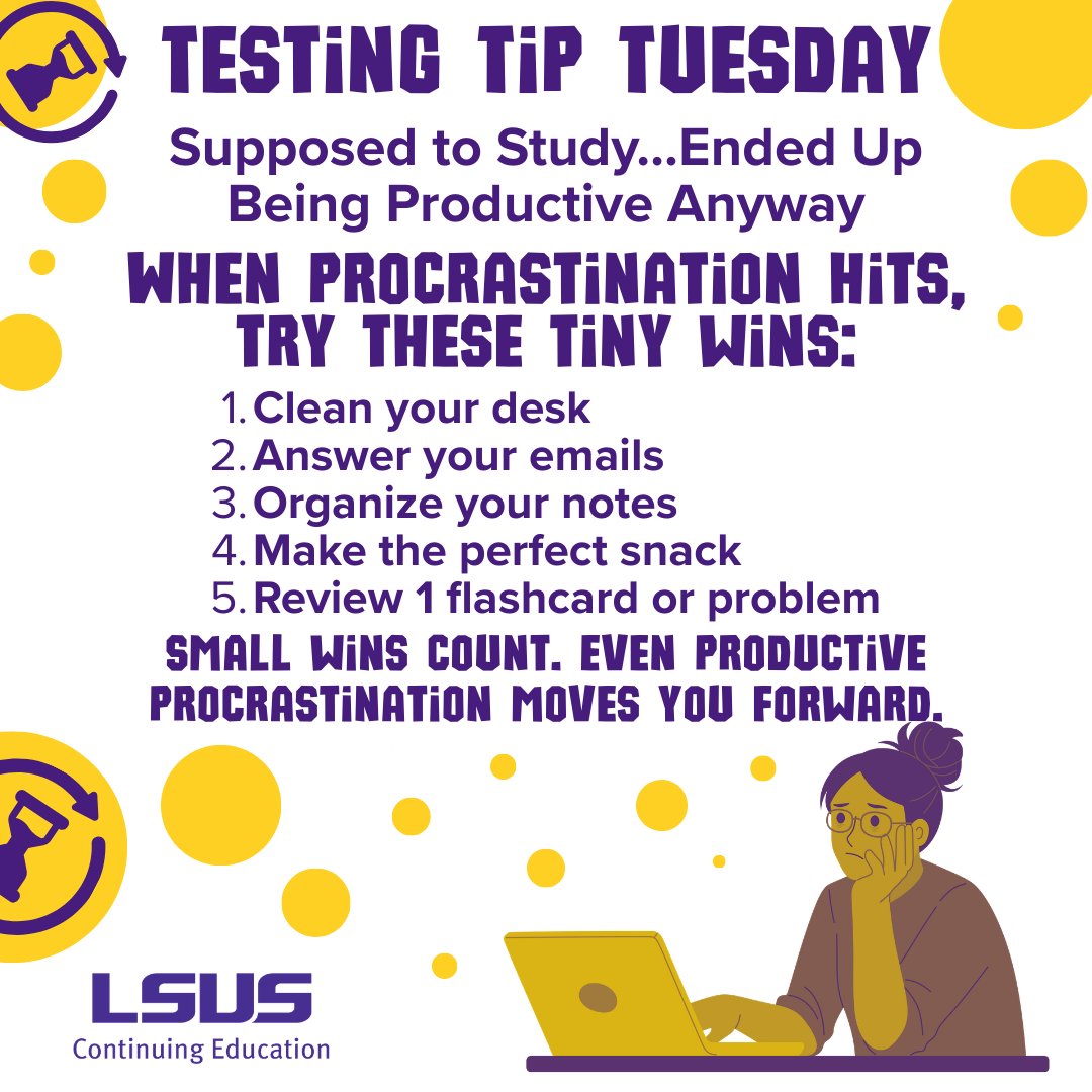 LSUSContEd's tweet photo. If you’re avoiding studying, try these tips:
➡️ Pick a smaller study task instead of the big one.
Examples:
• Review flashcards for 10 minutes
• Re-read your lecture notes
• Complete just one practice problem
• Organize your study guide

Small study wins move you forward. https://t.co/HR9B2REg2N