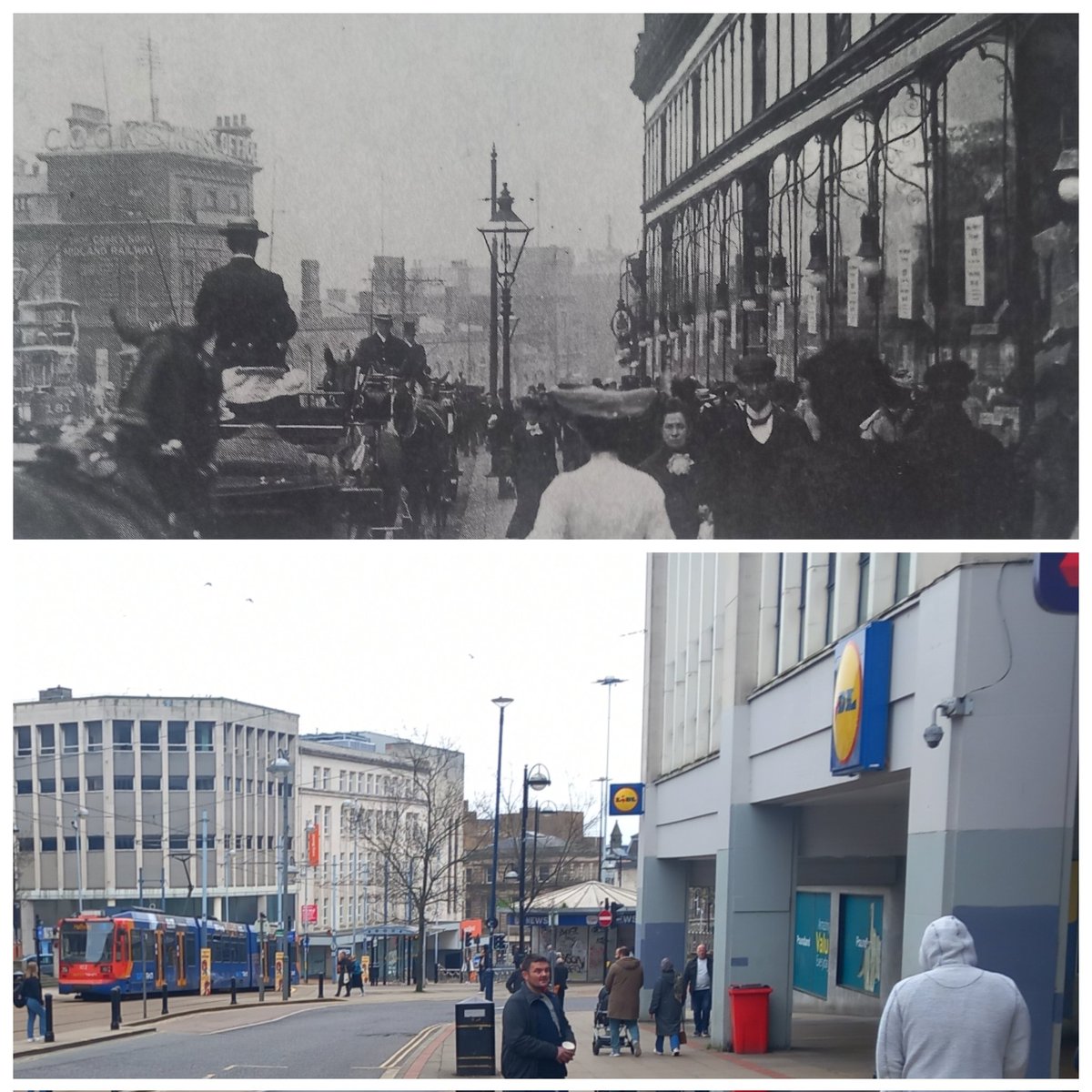 OldSheffield's tweet image. High Street outside John Walsh Ltd., general drapers, Fitzalan Market Hall in distance, c 1900 #Sheffield