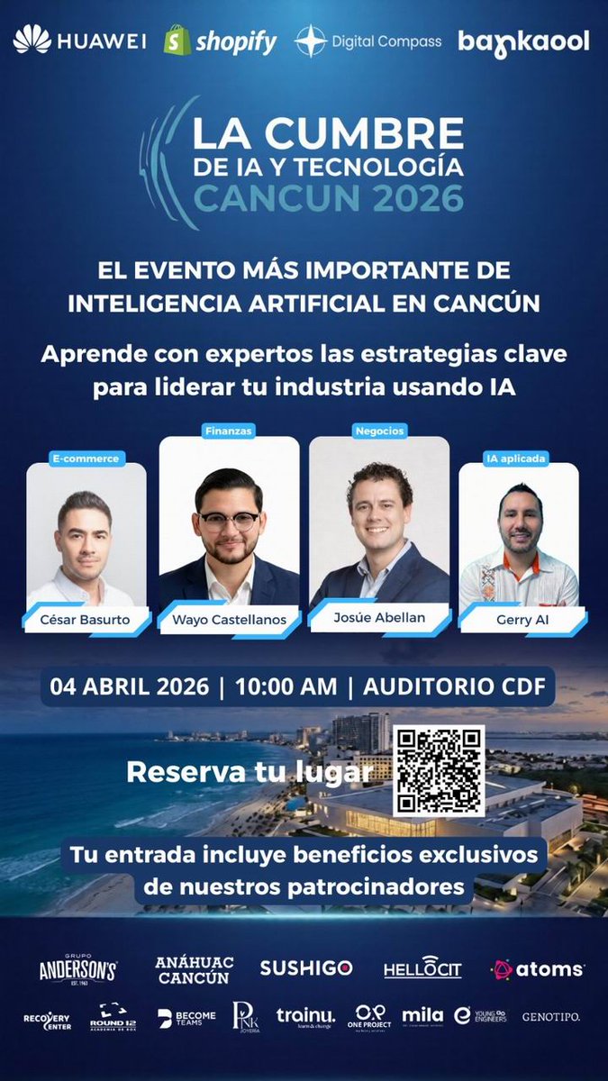 VivoEnCancun's tweet photo. 👥 La cumbre de la Inteligencia Artificial y tecnología Cancún 2026

El mundo de los negocios cambió y no va a esperar a que te actualices. Este 4 de Abril, Cancún deja de ser solo turismo para convertirse en el epicentro Tecnológico más importante del año, reunimos a las empresas más importantes de la región para traerte un evento de alto valor.

Con la presencia de:

Wayo Castellanos https://t.co/A3SinJHP2I

Gerry AI https://t.co/TqV5w7P0Fg

Cesar Basurto y Josué Abellán

📅 Sábado 04 de Abril

⌚ 10:00 AM - 6:00 PM

📍 Auditorio CDF https://t.co/aCE7dPMrfV

🌐 Informes y venta de boletos : https://t.co/FJ34x45poF

❗ https://t.co/Fl3VghEtW1

💸 $ 499 - $ 679