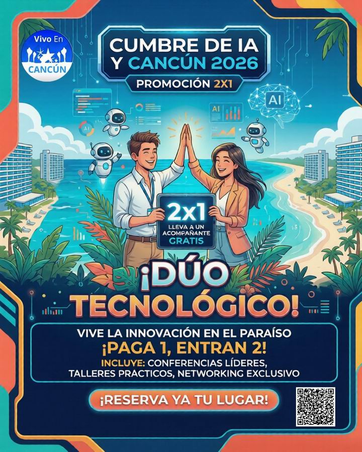 VivoEnCancun's tweet photo. 👥 La cumbre de la Inteligencia Artificial y tecnología Cancún 2026

El mundo de los negocios cambió y no va a esperar a que te actualices. Este 4 de Abril, Cancún deja de ser solo turismo para convertirse en el epicentro Tecnológico más importante del año, reunimos a las empresas más importantes de la región para traerte un evento de alto valor.

Con la presencia de:

Wayo Castellanos https://t.co/A3SinJHP2I

Gerry AI https://t.co/TqV5w7P0Fg

Cesar Basurto y Josué Abellán

📅 Sábado 04 de Abril

⌚ 10:00 AM - 6:00 PM

📍 Auditorio CDF https://t.co/aCE7dPMrfV

🌐 Informes y venta de boletos : https://t.co/FJ34x45poF

❗ https://t.co/Fl3VghEtW1

💸 $ 499 - $ 679