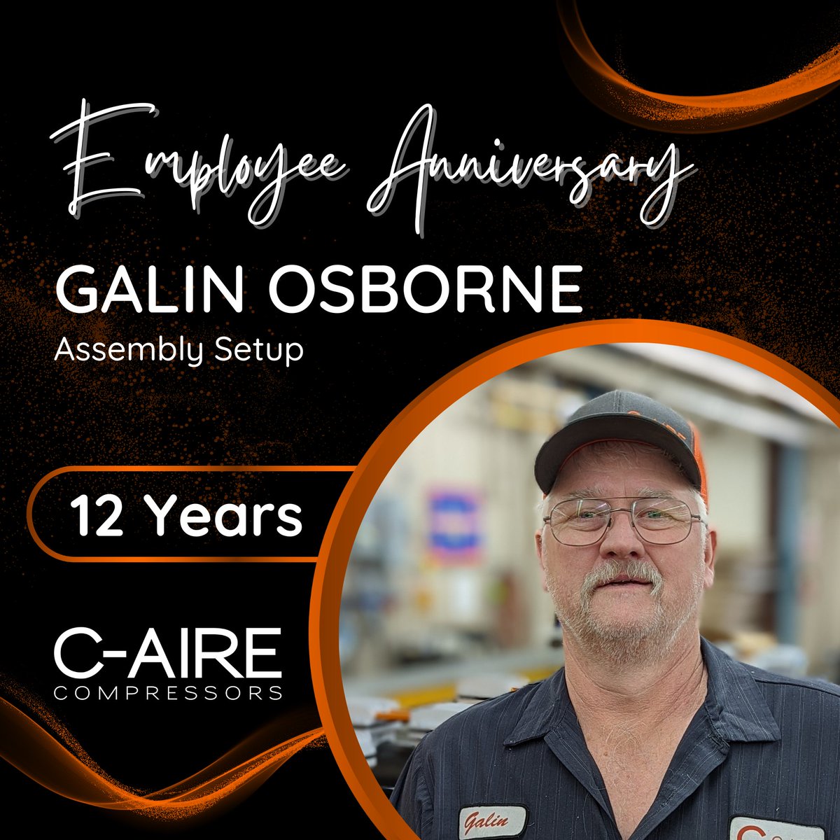 CAireCompressor's tweet photo. 12 years with Galin Osborne! 🎉 A key part of our Assembly team, he's reliable, hardworking, and always does it right. When not working, he's bow hunting in a tree stand. We're lucky to have him! https://t.co/pkFljPrqoX