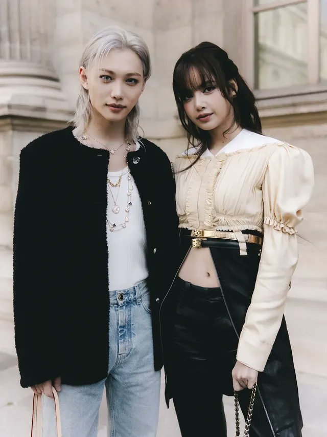 #Felix from #StrayKids with LISA from BLACKPINK at Louis Vuitton FW26 show for Paris Fashion Week