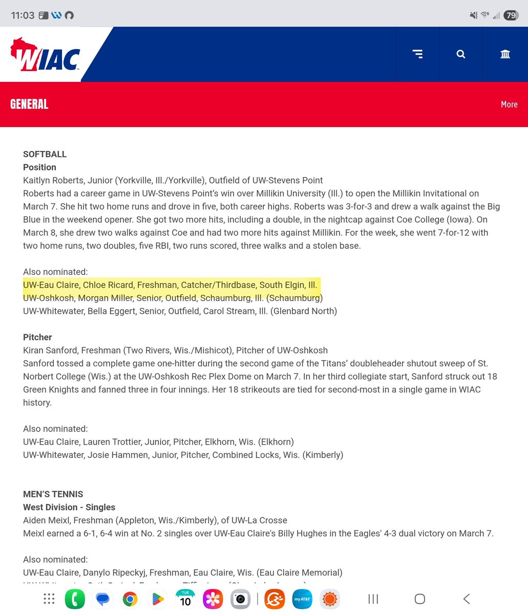 ShagMan99's tweet photo. Congrats @ChloeRicard6 on your nomination for WIAC conference softball athlete of the week!

Avg 0.750, 5 rbi, 2 2B, 1 bb, 2 sacfly, 1 sb.

So proud! https://t.co/sJJ1TWGIet
