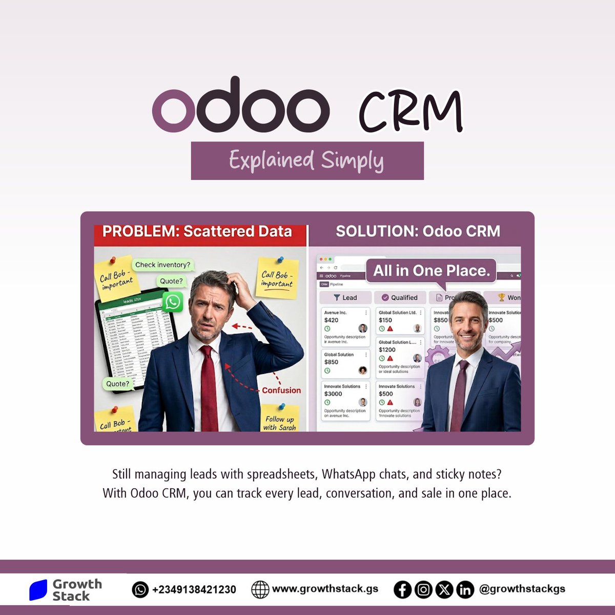 growthstackgs's tweet photo. Odoo CRM;
✔Capture &amp; Organize leads in one place
✔Track every stage of your sales pipeline
✔Assign opportunities to the right team members
✔Follow up with prospects on time
Contact Us;
+2349138421230
https://t.co/1vmEKY8y3n
#OdooERP #SalesPipeline #CRMSoftware #LeadManagement https://t.co/bbkP5yPCdL