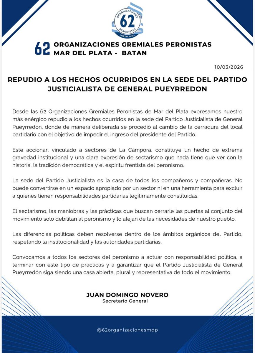 62orgmdp's tweet photo. 👉🏼 Repudiamos los hechos ocurridos en la sede del Partido Justicialista de General Pueyrredon 

🔵 Desde nuestra organización expresamos nuestro repudio a los hechos ocurridos en la sede del PJ local. https://t.co/lRmxTraAiP