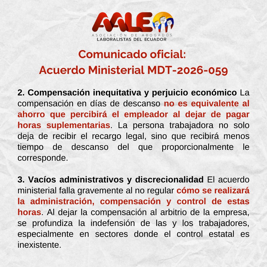 AALEEcuador's tweet photo. El banco de horas de Milei se consolida en 🇪🇨 con cambios pírricos. El @MinTrabajoEc ratificó jornadas ordinarias de hasta 10h diarias, sin el pago de recargos, con una "compensación" de descanso

Mientras el 🌍 avanza hacia la reducción de la jornada, aquí legalizamos el exceso https://t.co/MYsk2kAoTl