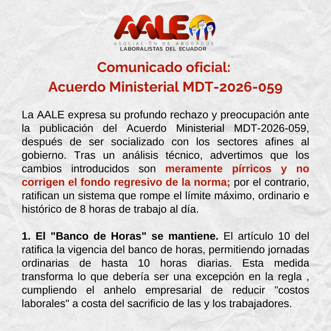 AALEEcuador's tweet photo. El banco de horas de Milei se consolida en 🇪🇨 con cambios pírricos. El @MinTrabajoEc ratificó jornadas ordinarias de hasta 10h diarias, sin el pago de recargos, con una "compensación" de descanso

Mientras el 🌍 avanza hacia la reducción de la jornada, aquí legalizamos el exceso https://t.co/MYsk2kAoTl