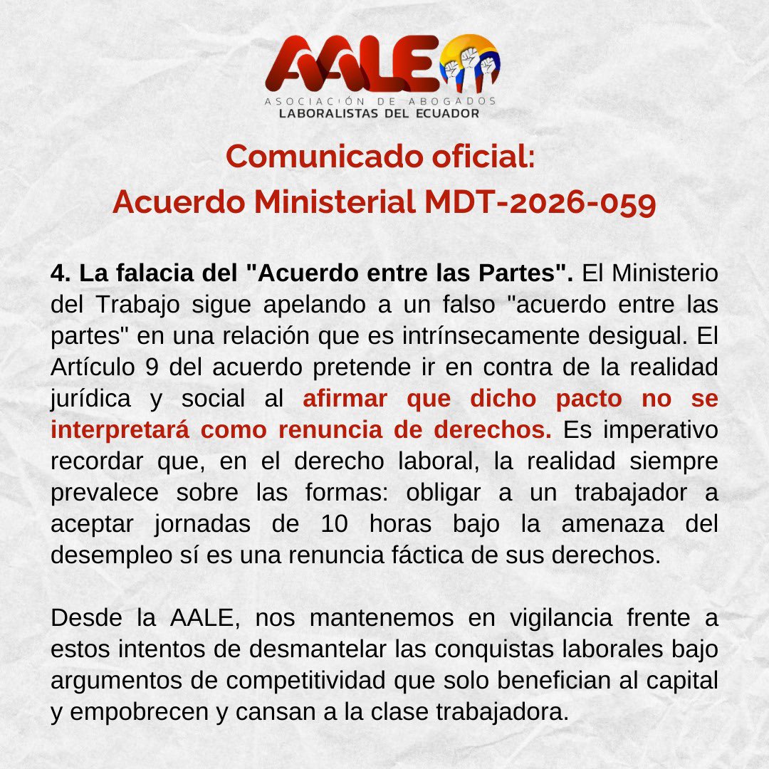 AALEEcuador's tweet photo. El banco de horas de Milei se consolida en 🇪🇨 con cambios pírricos. El @MinTrabajoEc ratificó jornadas ordinarias de hasta 10h diarias, sin el pago de recargos, con una "compensación" de descanso

Mientras el 🌍 avanza hacia la reducción de la jornada, aquí legalizamos el exceso https://t.co/MYsk2kAoTl
