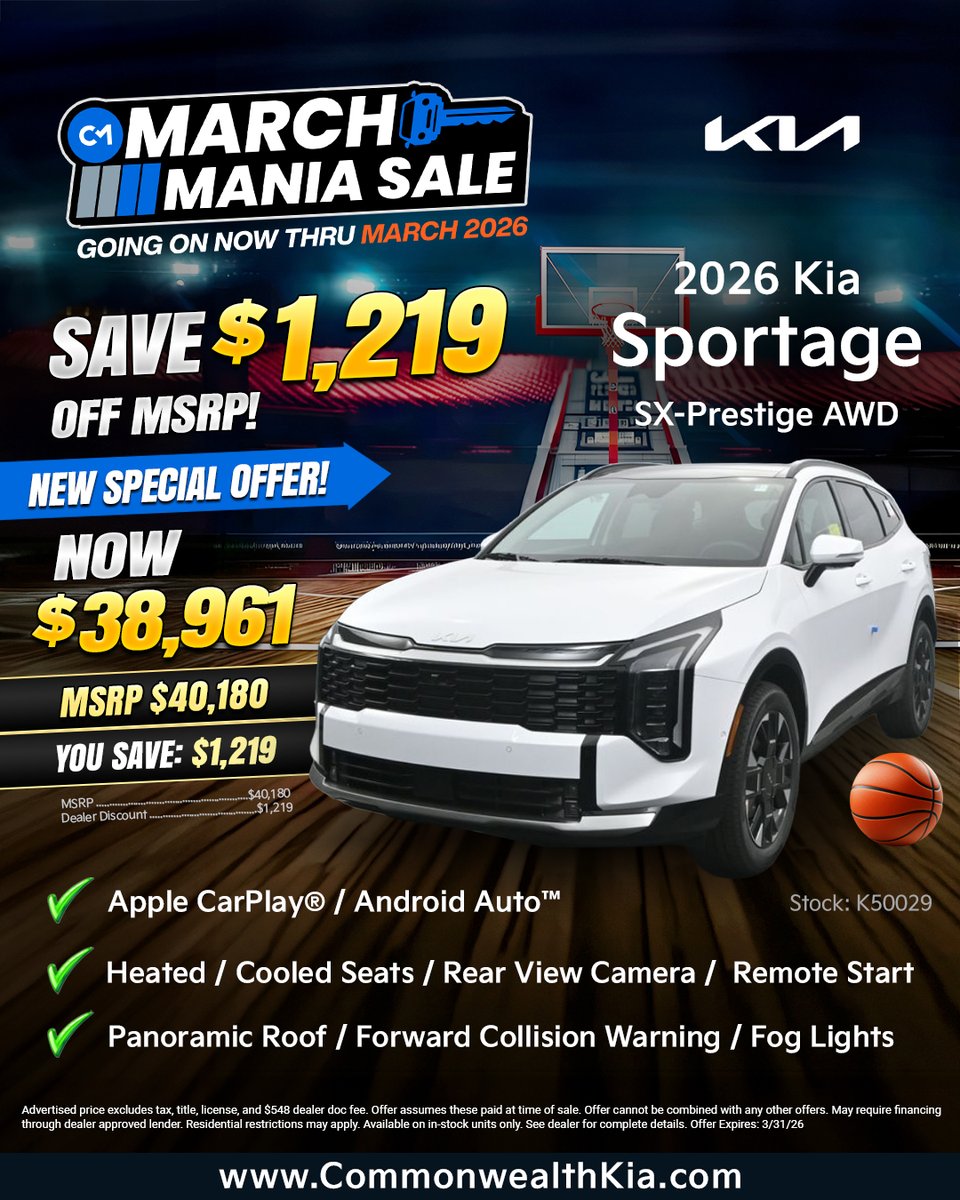 CMKIA_'s tweet image. 🏀 MARCH MANIA at Commonwealth Kia!🏀

2026 Kia Sportage SX-Prestige AWD
NOW $38,961 (Save $1,219 off MSRP $40,180!)

Drive it home today → CommonwealthKia.com

#MarchMania #KiaSportage #KiaDeals #ShopUsLast #lawrencema