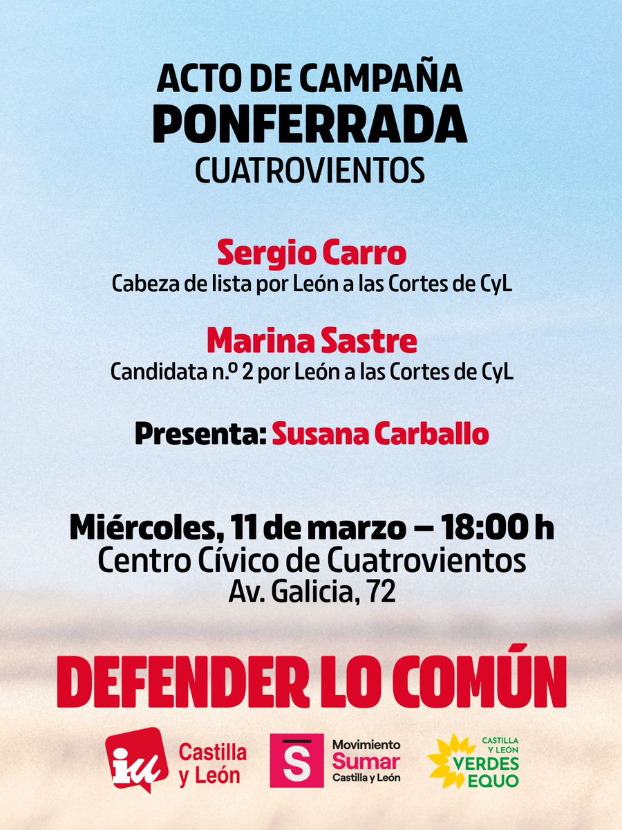 🗳️ Acto de campaña en #Ponferrada
💪 Defender lo común ✅

👇🏻No te pierdas el acto con <a href="/sercfer/">Sergio Carro</a> y el resto de compañeras

11 marzo 

#Bierzo