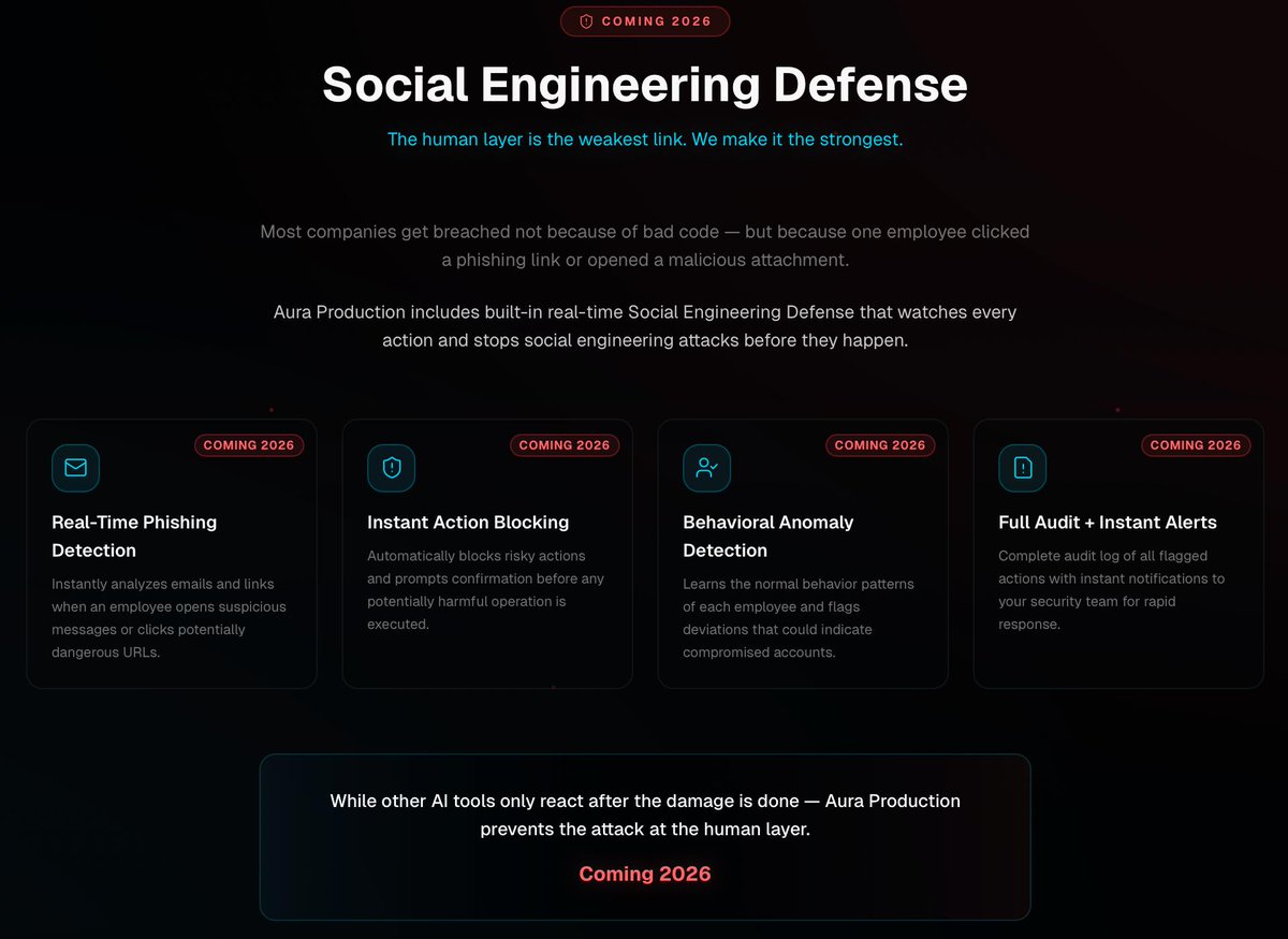 ArchotecAI's tweet photo. Big upgrade coming to Aura Production 🔥

We’re building built-in Social Engineering Defense  real-time protection against phishing, malicious links and human errors.

Aura will:
• Detect suspicious emails & links instantly
• Block risky actions before they happen
• Learn each employee’s normal behavior
• Send instant alerts to security team

The human layer is no longer the weakest link.

Coming 2026.

#SovereignAI #Cybersecurity #SocialEngineering #ArchotecAI
https://t.co/bNQt9YqDDK