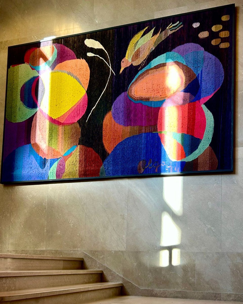 UNGeneva's tweet photo. Finnish artist Oili Mäki’s piece "The Creation of Worlds", inspired by the Kalevala, weaves myth, color &amp; texture to celebrate creation and humanity’s shared beginnings at @UNGeneva.

#TourTuesday 
@FinlandGeneva https://t.co/FWQwh3no1h